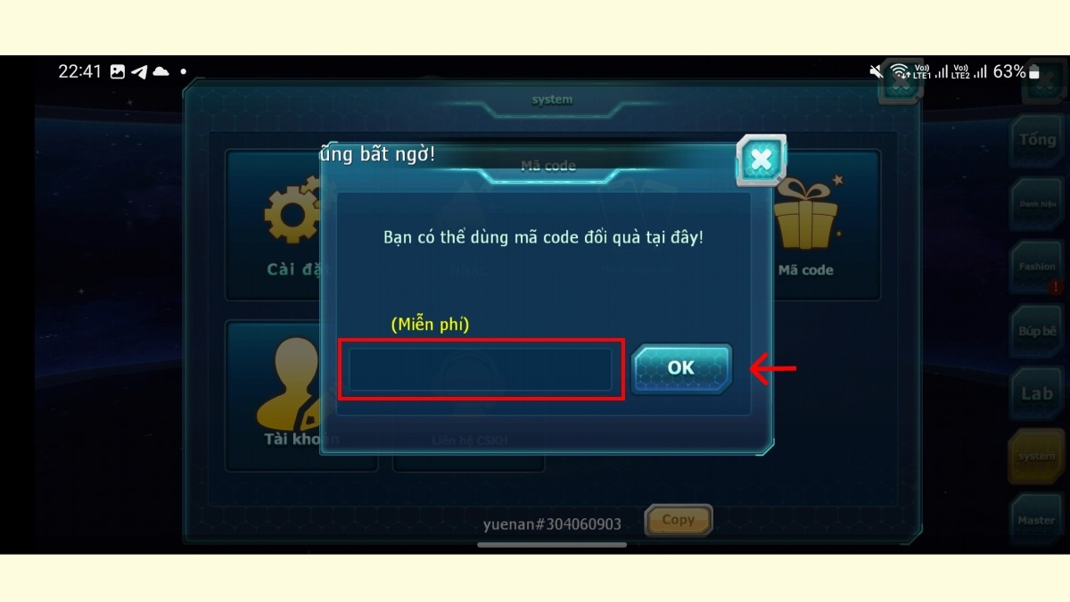Nhập chính xác mã code Poke Đại Chiến, sau đó nhấn OK