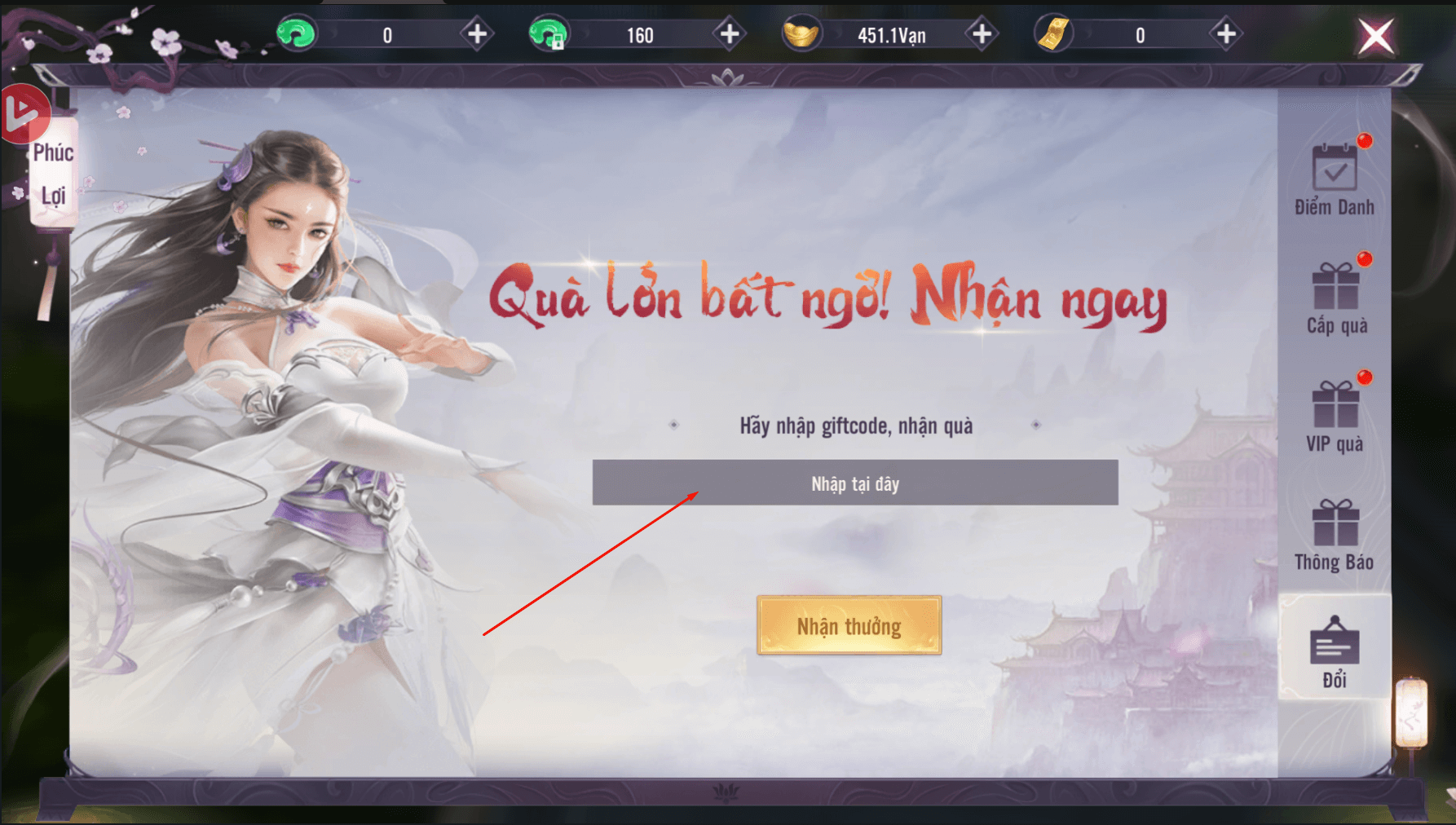 Nhập code Chiến Giới 4D vào ô trống rồi nhấn “Nhận thưởng”