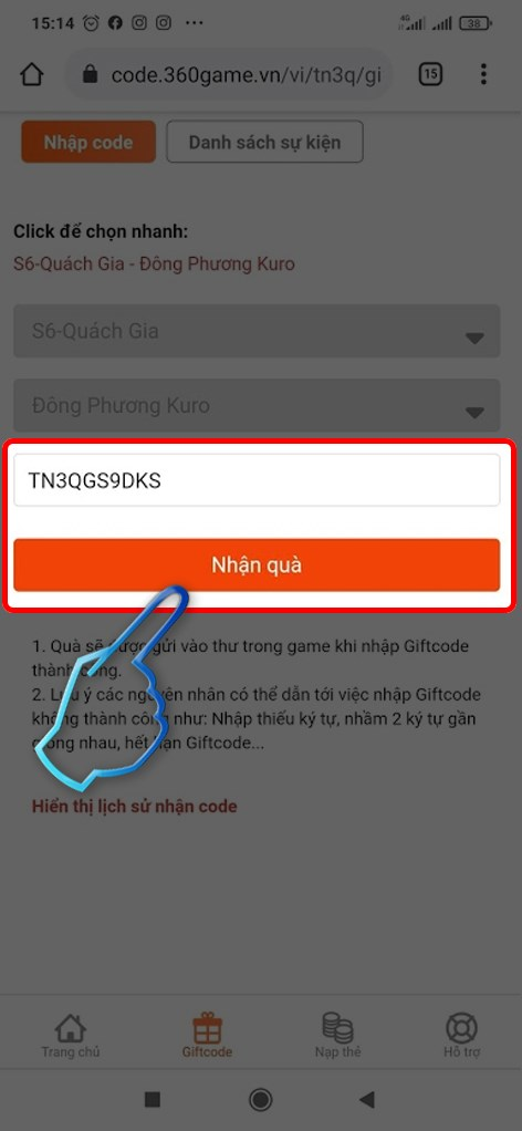 Nhập giftcode Thiếu Niên 3Q và nhấn “Nhận quà”