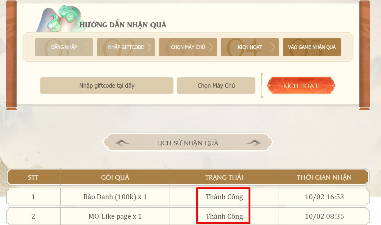 Nhập mã code Cửu Âm Chân Kinh 2D và nhấn Kích Hoạt