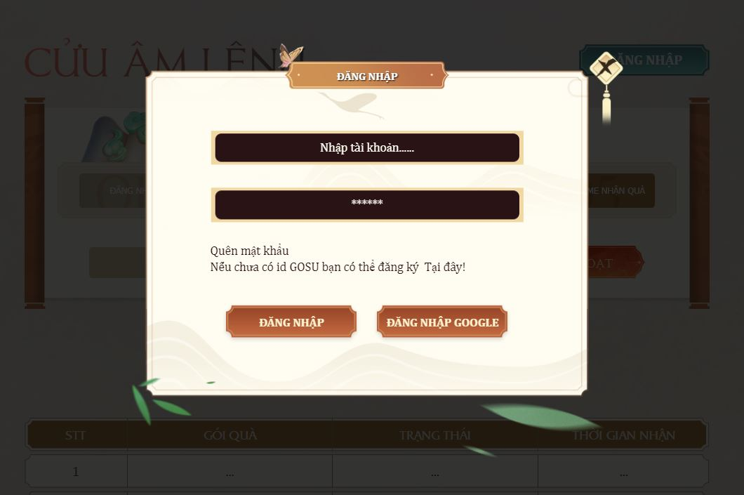 Nhập thông tin tài khoản game Cửu Âm Chân Kinh 2D