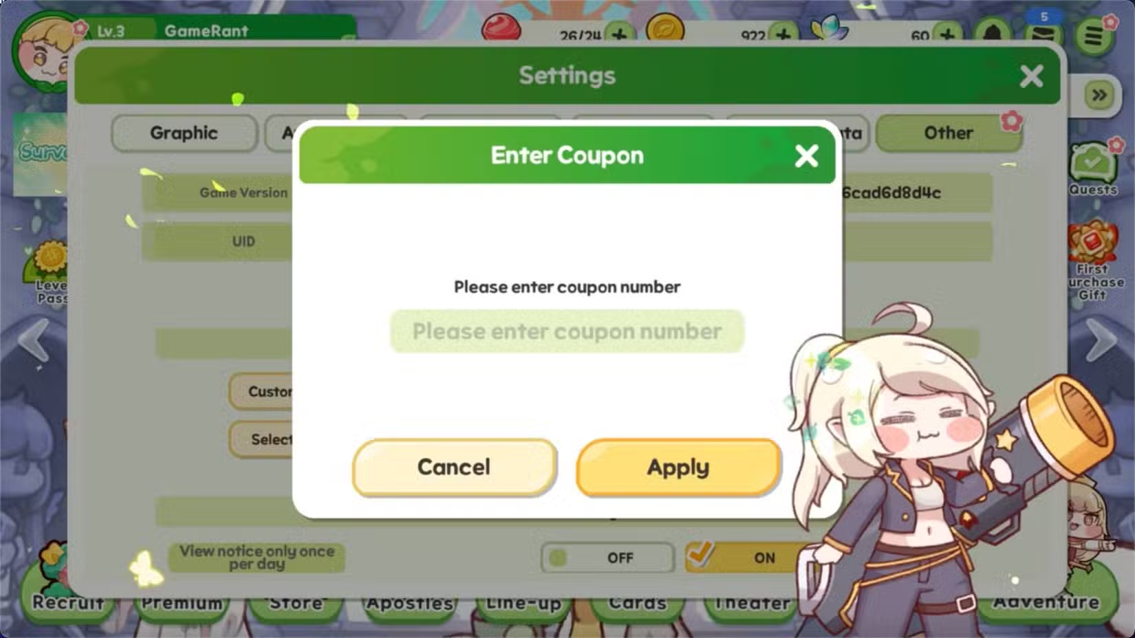 Tiến hành nhập mã code Trickcal: Chibi Go sau đó nhấn Apply