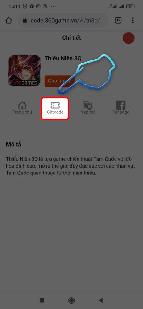 Truy cập trang web nhập code Thiếu Niên 3Q và chọn mục Giftcode
