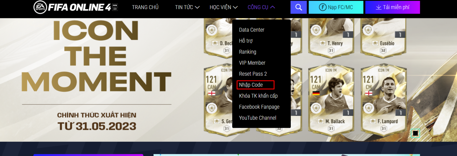 Truy cập vào trang chủ FIFA Online 4, chọn mục Nhập Code