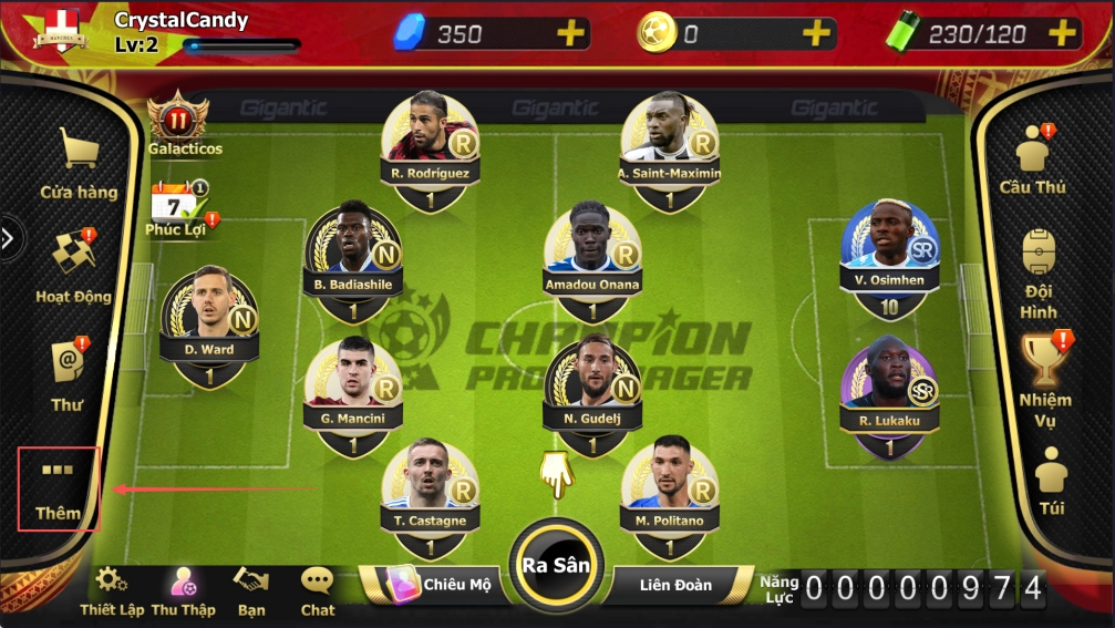 Vào game Champion Pro Manager chọn mục Thêm trong menu