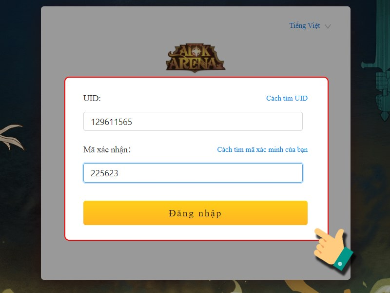 Điền chính xác ID nhân vật cùng mã xác nhận đã nhận được và nhấn Đăng nhập