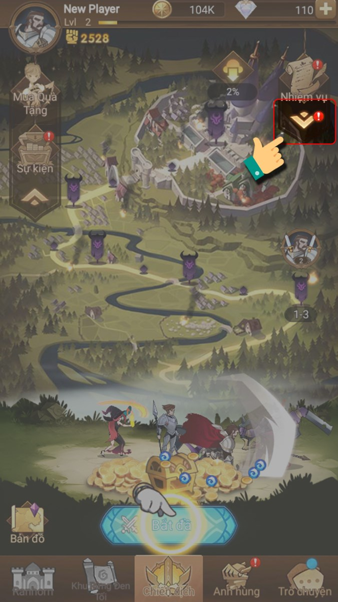 Mở lại game AFK Arena nhấn vào biểu tượng mũi tên