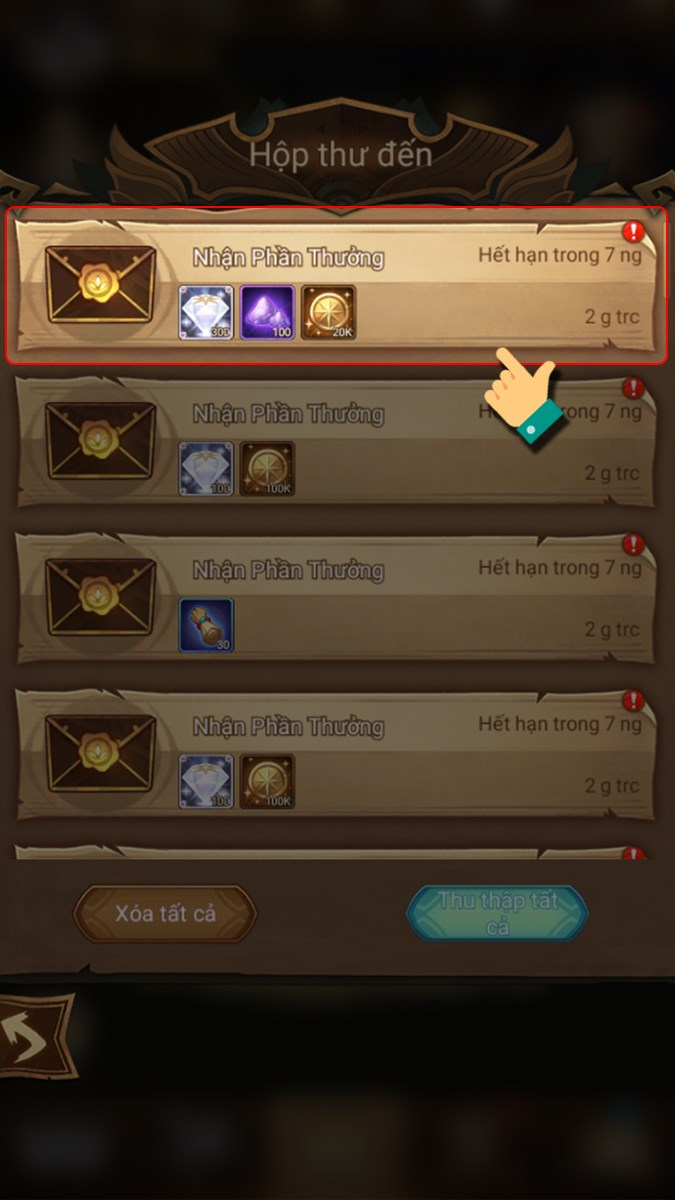 Mở thư chứa phần thưởng từ giftcode vừa đổi