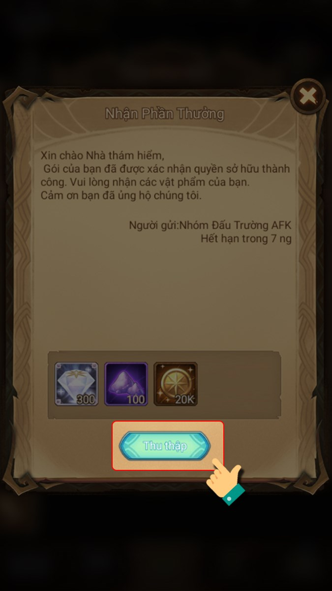 Nhấn Thu thập để hoàn tất quá trình nhận quà