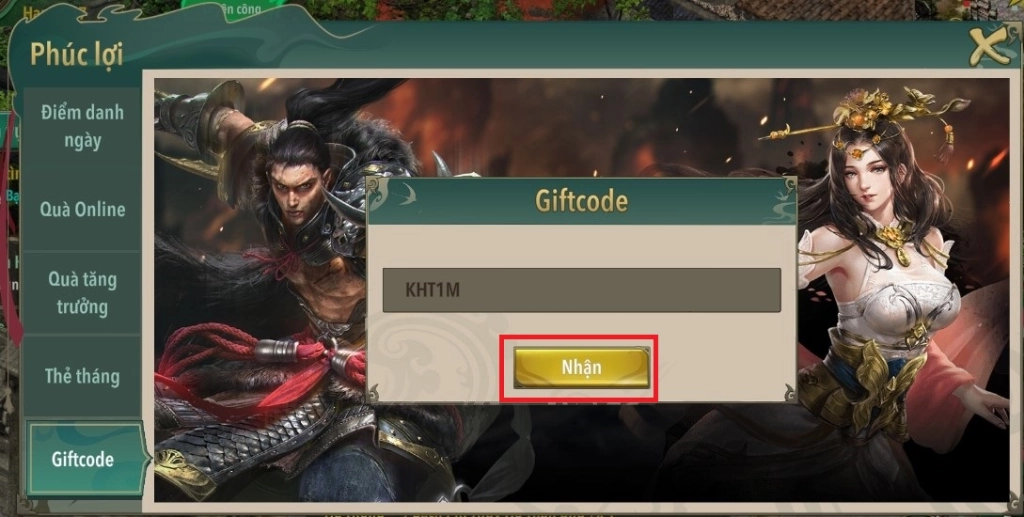 Chọn mục Giftcode, nhập code Kiếm Hiệp Tình 1 vào ô trống rồi nhấn Nhận
