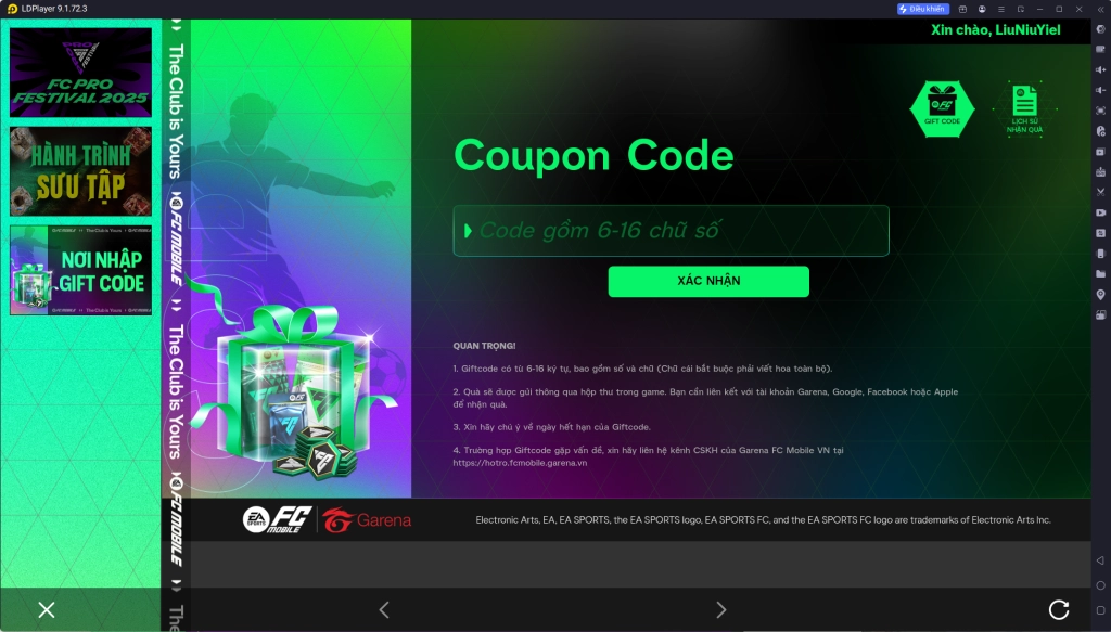 Bước 3: Sao chép giftcode FC Mobile VN từ danh sách và dán vào ô trống và bấm Xác Nhận
