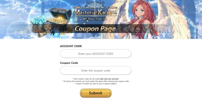 Nhập chính xác Account Code và mã code Master of Knights và nhấn Submit