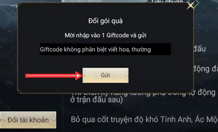 Nhập chính xác code Đỉnh Phong 2: Tân Tam Quốc vào ô trống, sau đó nhấn Gửi