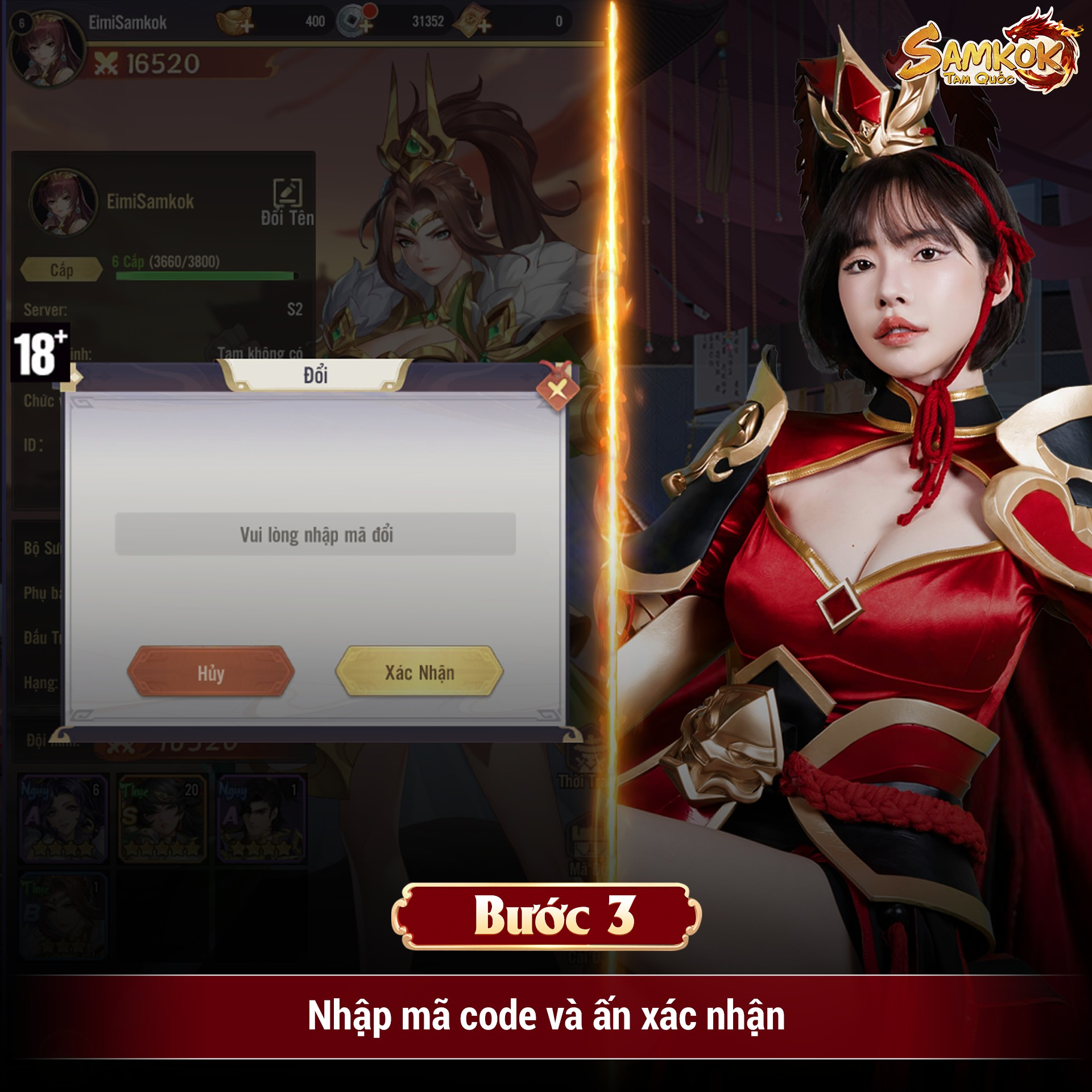 Nhập giftcode Samkok Tam Quốc Vplay và bấm nút Xác nhận