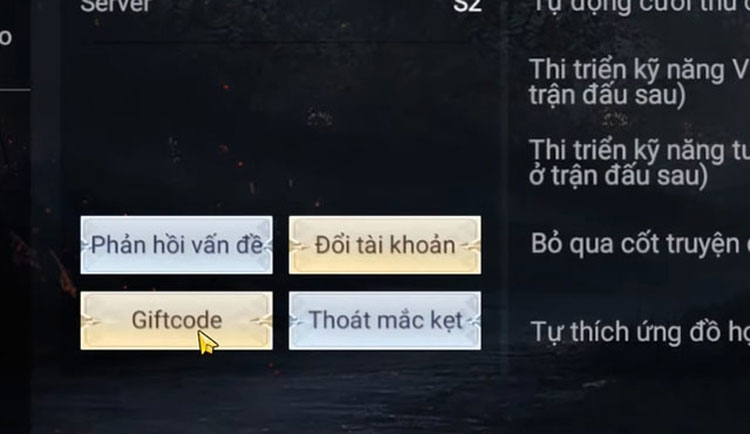 Trong giao diện cài đặt, bạn nhấn vào mục Giftcode
