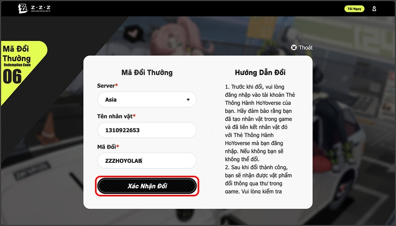 Chọn server và tên nhân vật, dán code vào ô nhập, bấm Xác Nhận Đổi