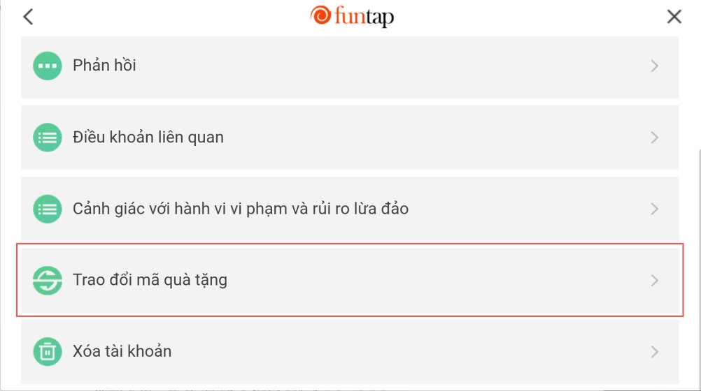 Chọn tiếp vào mục Trao đổi mã quà tặng