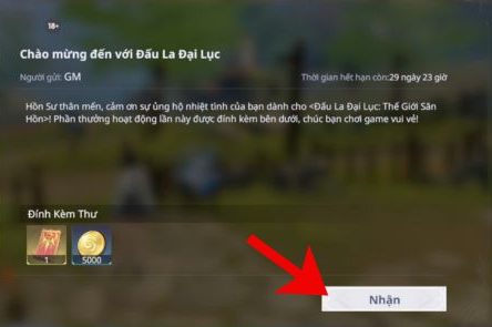 Mở mục Hòm thư (biểu tượng lá thư) và nhấn Nhận để nhận tất cả các phần thưởng