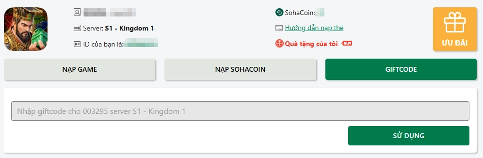 Nhập mã code Vấn Đỉnh Tam Quốc vào ô trốngvà nhấn Sử dụng